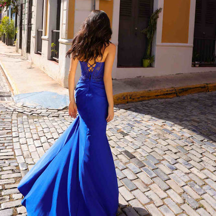 Nox Anabel A1382 Long Floral Applique Bodice Fitted Satin Gown