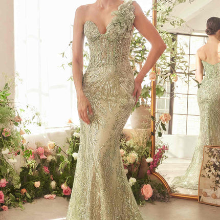 Andrea & Leo A1392 Dress One Shoulder Fully Beaded Floral Motif Gown