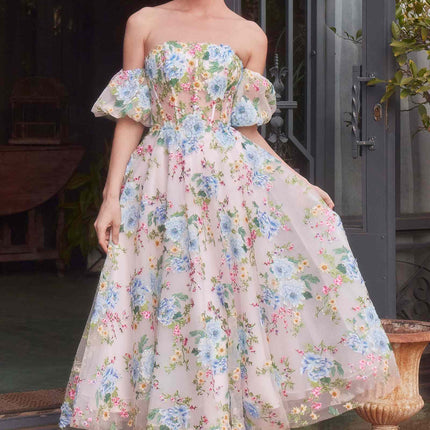 Andrea & Leo A1406 Dress Floral Print Strapless Tea Length A-Line Dress