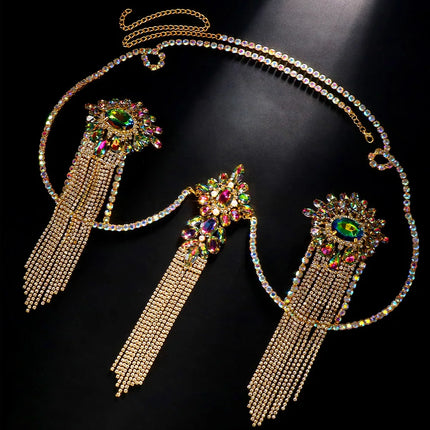 Sexy Tassel Color Crystal Chest Chain Necklace Women Bikini Accessories Sparkling Rhinestone Bra Body Chain Beach Charm Lingerie