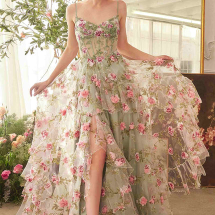 Andrea & Leo A1420 Dress Sage Floral Print Layered A-Line Gown
