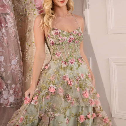 Andrea & Leo A1420 Dress Sage Floral Print Layered A-Line Gown