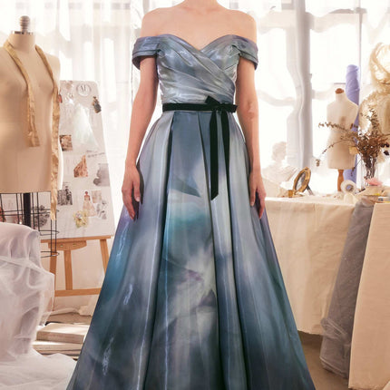 Andrea & Leo A1431 Dress Print Off The Shoulder Satin Ball Gown