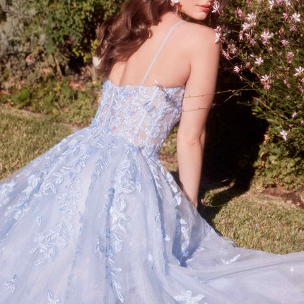 Andrea & Leo A1437 Dress Light Blue Leaf Motif Appliqued A-Line Gown