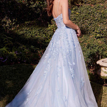 Andrea & Leo A1437 Dress Light Blue Leaf Motif Appliqued A-Line Gown