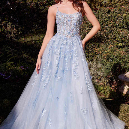 Andrea & Leo A1437 Dress Light Blue Leaf Motif Appliqued A-Line Gown