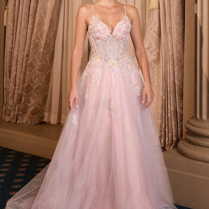 Andrea & Leo A1477 Deep V-Neck Floral Print Applique A-Line Ball Gown