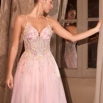 Andrea & Leo A1477 Deep V-Neck Floral Print Applique A-Line Ball Gown