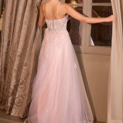 Andrea & Leo A1477 Deep V-Neck Floral Print Applique A-Line Ball Gown