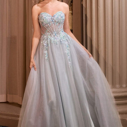 Andrea & Leo A1478 Strapless Sweetheart Boned Bodice Floral Applique Ball Gown
