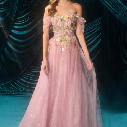 Andrea & Leo A1479 Long A-Line Off Shoulder 3D Floral Applique Gown