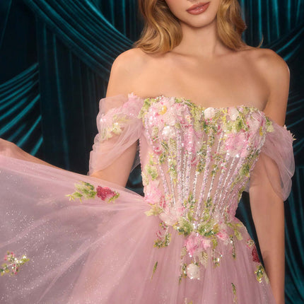 Andrea & Leo A1479 Long A-Line Off Shoulder 3D Floral Applique Gown