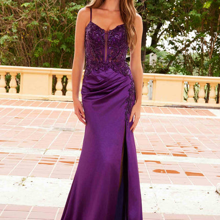 Nox Anabel A1585 Sleeveless Floral Applique Satin Dress with Slit