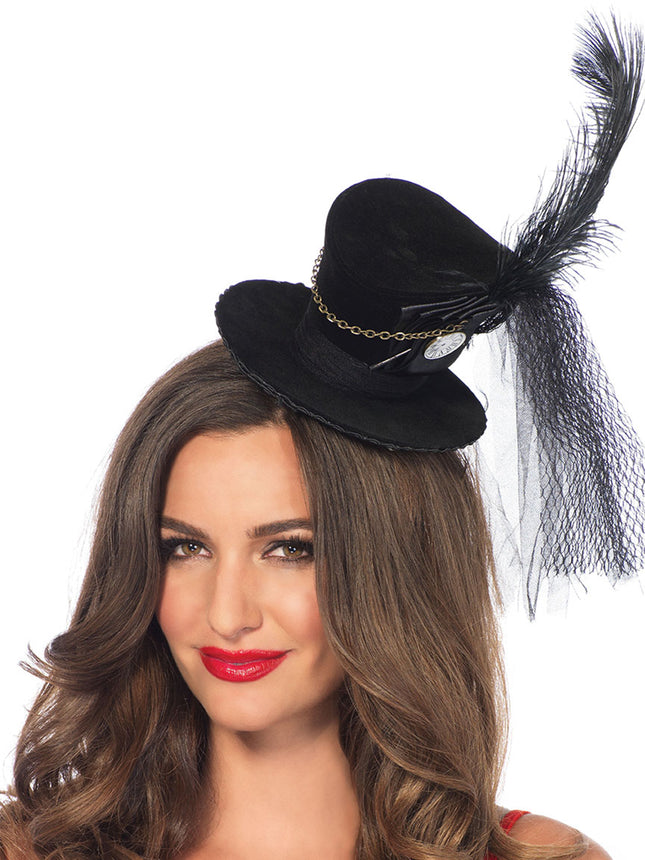 Steampunk Velvet Top Hat with Chain and Feather Accent - Black - O/S