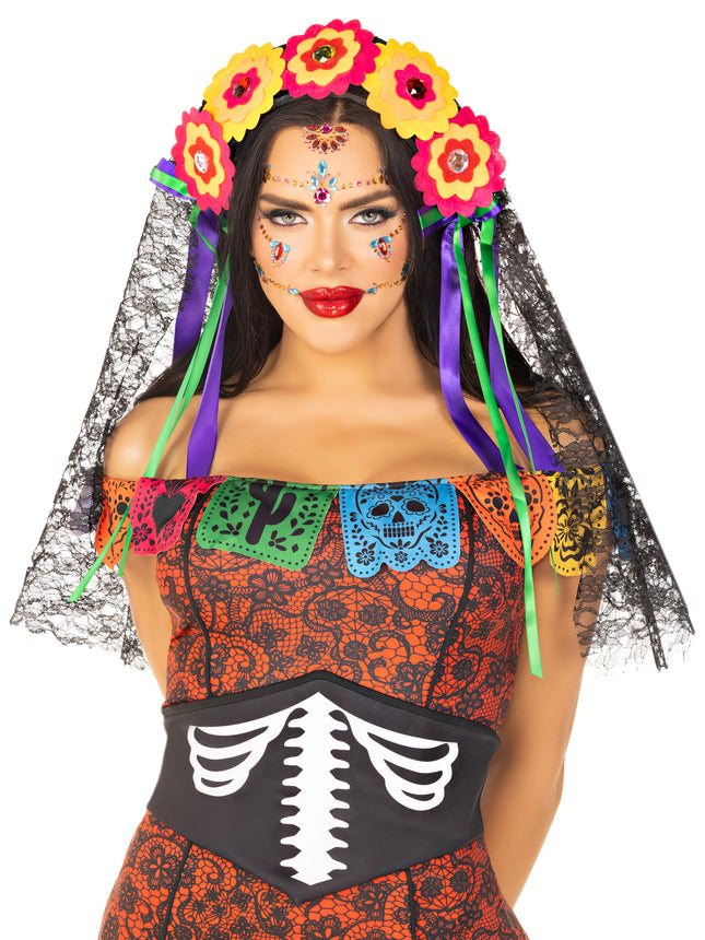 Day Of The Dead Flower Head Piece with Lace Veil - Multicolor - O/S