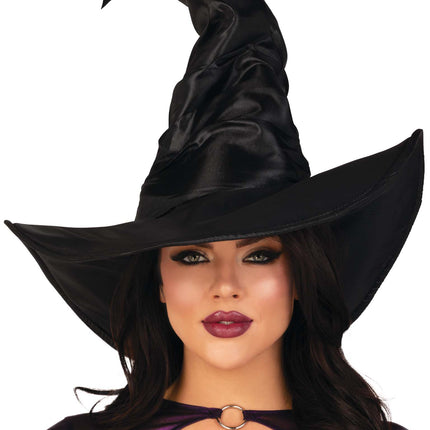 Satin Ruched Witch Hat - Black - O/S