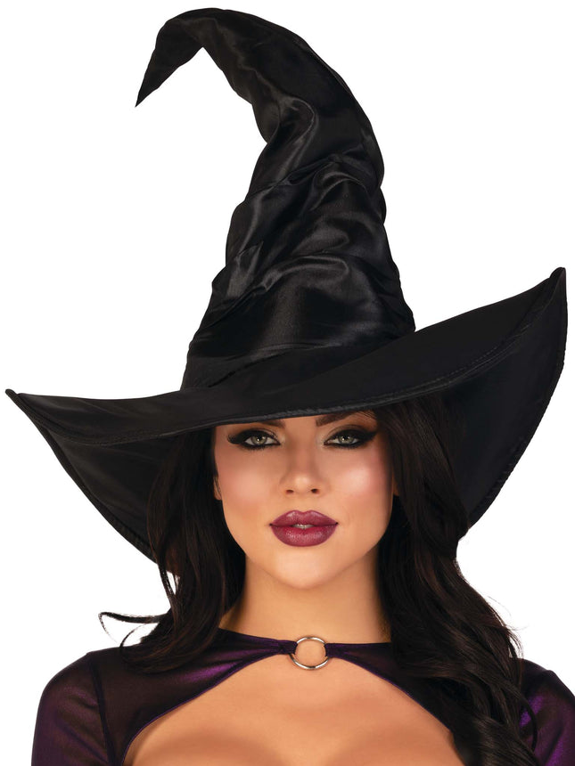 Satin Ruched Witch Hat - Black - O/S