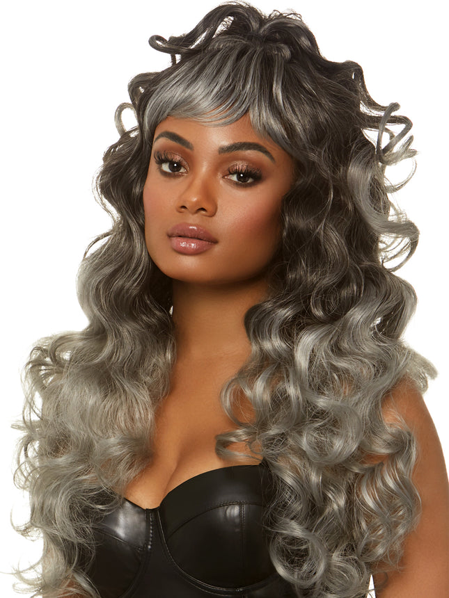 24"" Long Curly Wispy Bang Wig with Half Up Pony - Grey - O/S