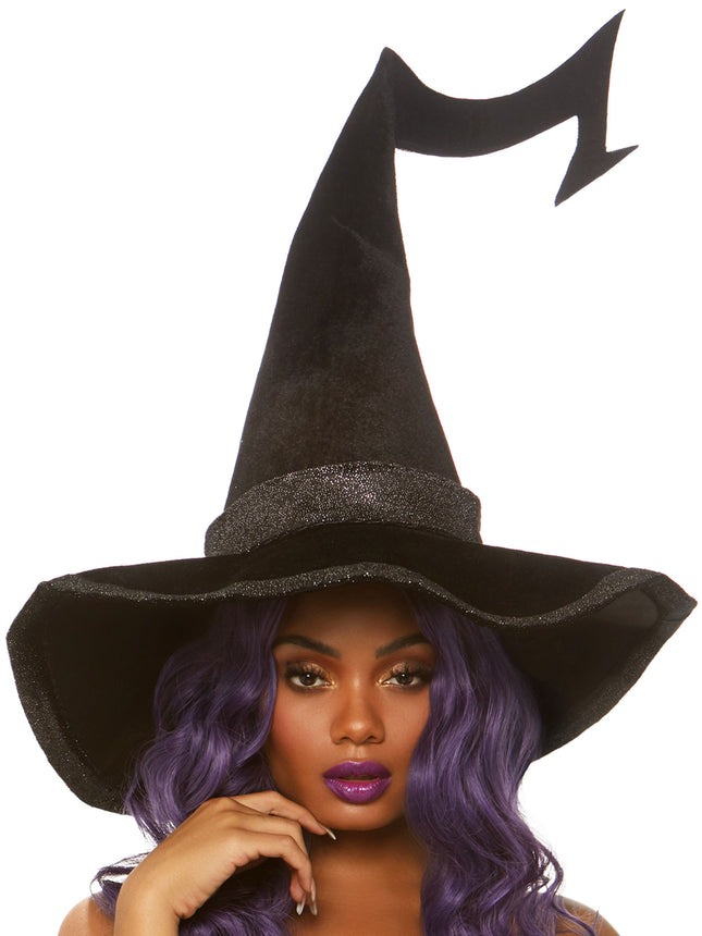 Glitter Trimmed Velvet Witch Hat - Black - O/S