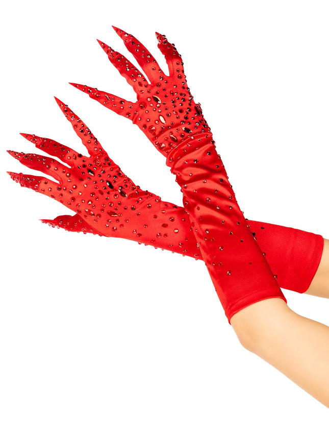 Rhinestone Claw Gloves - Red - O/S