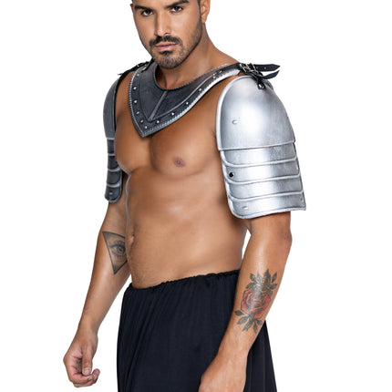 Men's 4 PC Armor Costume Kit, Includes Molded Chest and Back Plate with Shoulder Guards, Connected with Adjustable Buckle Straps. - Silver - O/S