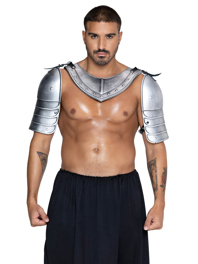 Men's 4 PC Armor Costume Kit, Includes Molded Chest and Back Plate with Shoulder Guards, Connected with Adjustable Buckle Straps. - Silver - O/S