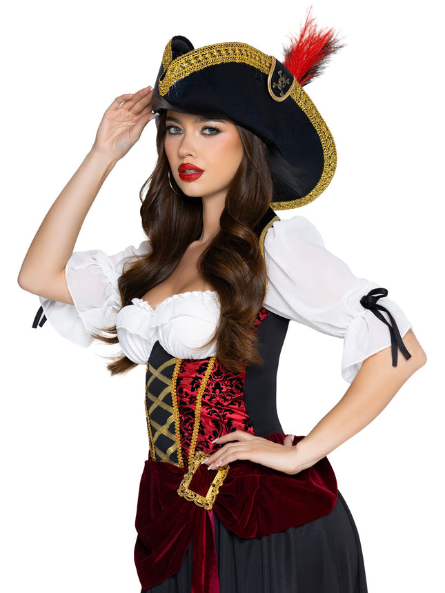 Pirate Hat with Skull Accent and Faux Feather Detail. - Black - O/S