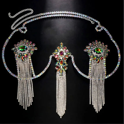 Sexy Tassel Color Crystal Chest Chain Necklace Women Bikini Accessories Sparkling Rhinestone Bra Body Chain Beach Charm Lingerie