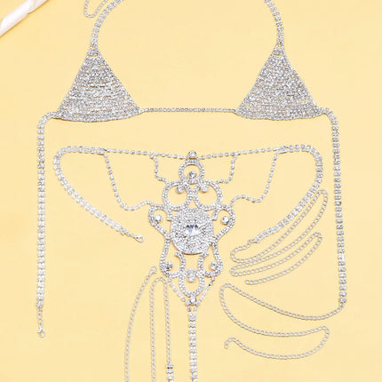 Luxury Rhinestone Lingerie Body Chain Set – Shimmering Crystal Bra & Thong Waist Harness Set for Festivals, Raves & Exotic Clubwear