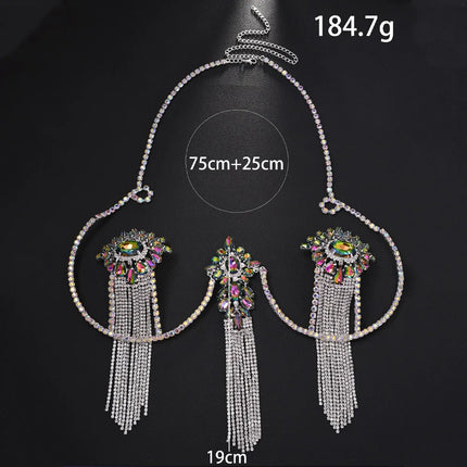 Sexy Tassel Color Crystal Chest Chain Necklace Women Bikini Accessories Sparkling Rhinestone Bra Body Chain Beach Charm Lingerie