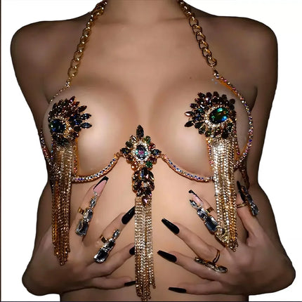 Sexy Tassel Color Crystal Chest Chain Necklace Women Bikini Accessories Sparkling Rhinestone Bra Body Chain Beach Charm Lingerie