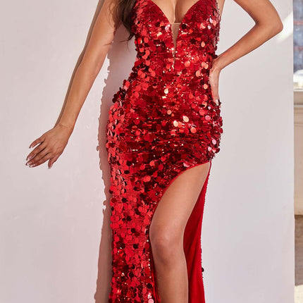 Cinderella Divine B1141 Floor Length Sexy V-Neck Paillette Fitted Gown Side Slit