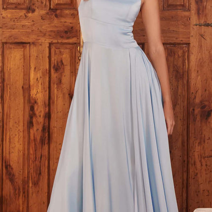 Ladivine B8402 Long Square Neck Pockets Satin A-Line Gown