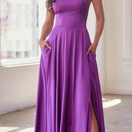 Ladivine B8402 Long Square Neck Pockets Satin A-Line Gown