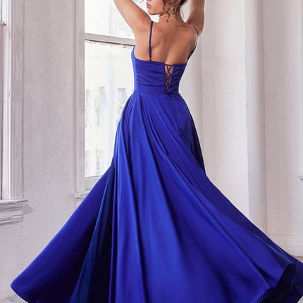 Ladivine B8402 Long Square Neck Pockets Satin A-Line Gown