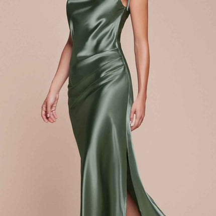 Cinderella Divine BD103 Satin Midi Length Dress High Side Split Cowl Neck