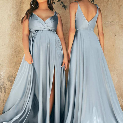 Cinderella Divine BD105 Flowy Satin A-Line Gown with Leg Slit