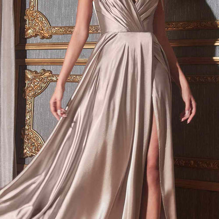 Cinderella Divine BD105 Flowy Satin A-Line Gown with Leg Slit