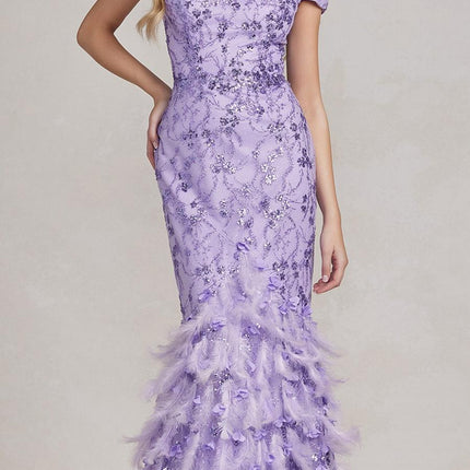 Nox Anabel C1106 Long Mermaid Off the Shoulder Gown with Feathers