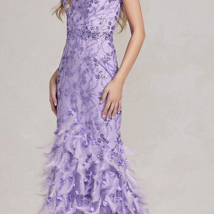 Nox Anabel C1106 Long Mermaid Off the Shoulder Gown with Feathers
