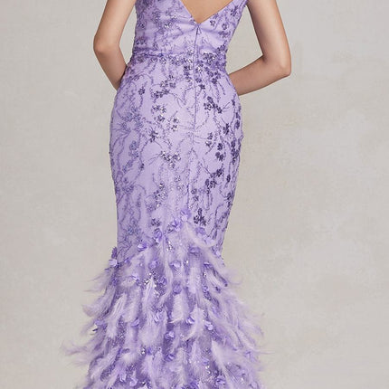 Nox Anabel C1106 Long Mermaid Off the Shoulder Gown with Feathers
