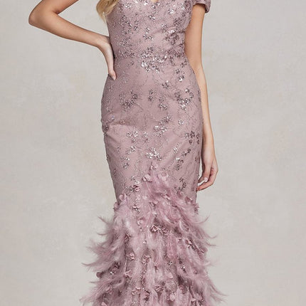 Nox Anabel C1106 Long Mermaid Off the Shoulder Gown with Feathers