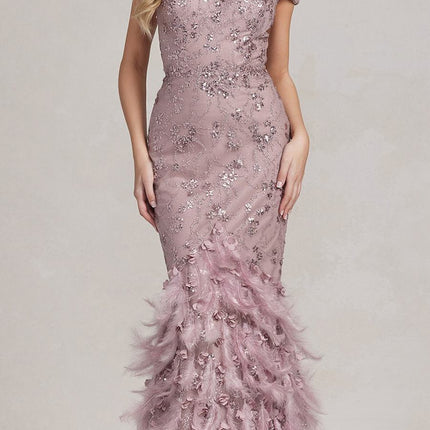 Nox Anabel C1106 Long Mermaid Off the Shoulder Gown with Feathers
