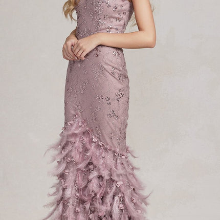 Nox Anabel C1106 Long Mermaid Off the Shoulder Gown with Feathers