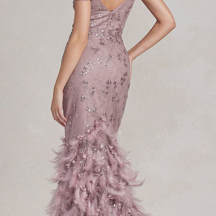 Nox Anabel C1106 Long Mermaid Off the Shoulder Gown with Feathers