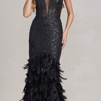 Nox Anabel C1111 Glitter Feather Skirt Mermaid Gown