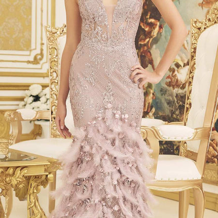 Nox Anabel C1111 Glitter Feather Skirt Mermaid Gown