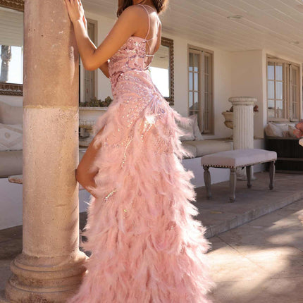 Nox Anabel C1413 Long Sequin Embroidered Applique Fitted Feather Gown