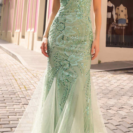 Nox Anabel C1416 Long Sequin Embroidery V-Neck Open Back Mermaid Gown