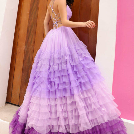 Nox Anabel C1420 Long Ombre Tiered Ruffled Skirt A-Line Slit Gown